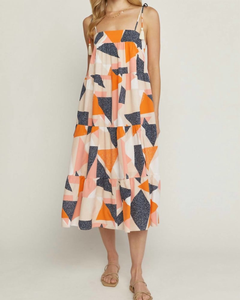 Front of a model wearing a size L Printed Square Neck Dress In Peach/Blue in Peach/Blue by entro. | dia_product_style_image_id:342409